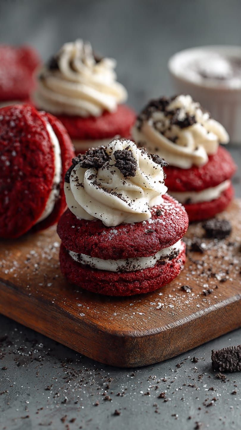Soft red velvet cookies with Oreo buttercream frosting stacked on a white plate with crushed Oreos scattered around