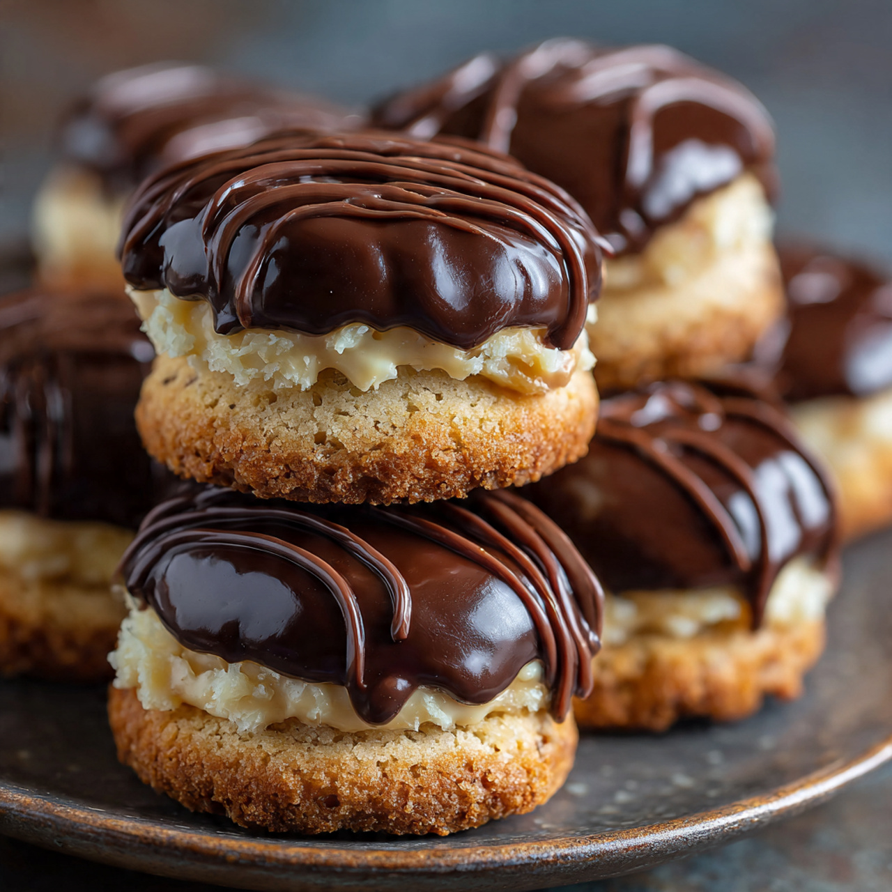 Boston Cream Pie Cookie Bites filled with vanilla pastry cream and topped with glossy chocolate ganache arranged on a white marble surface